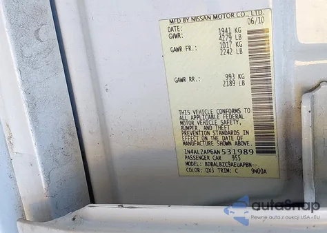 2010 Nissan Altima 2.5 S z USA, uszkodzony, nr VIN 1N4AL2AP6AN531989